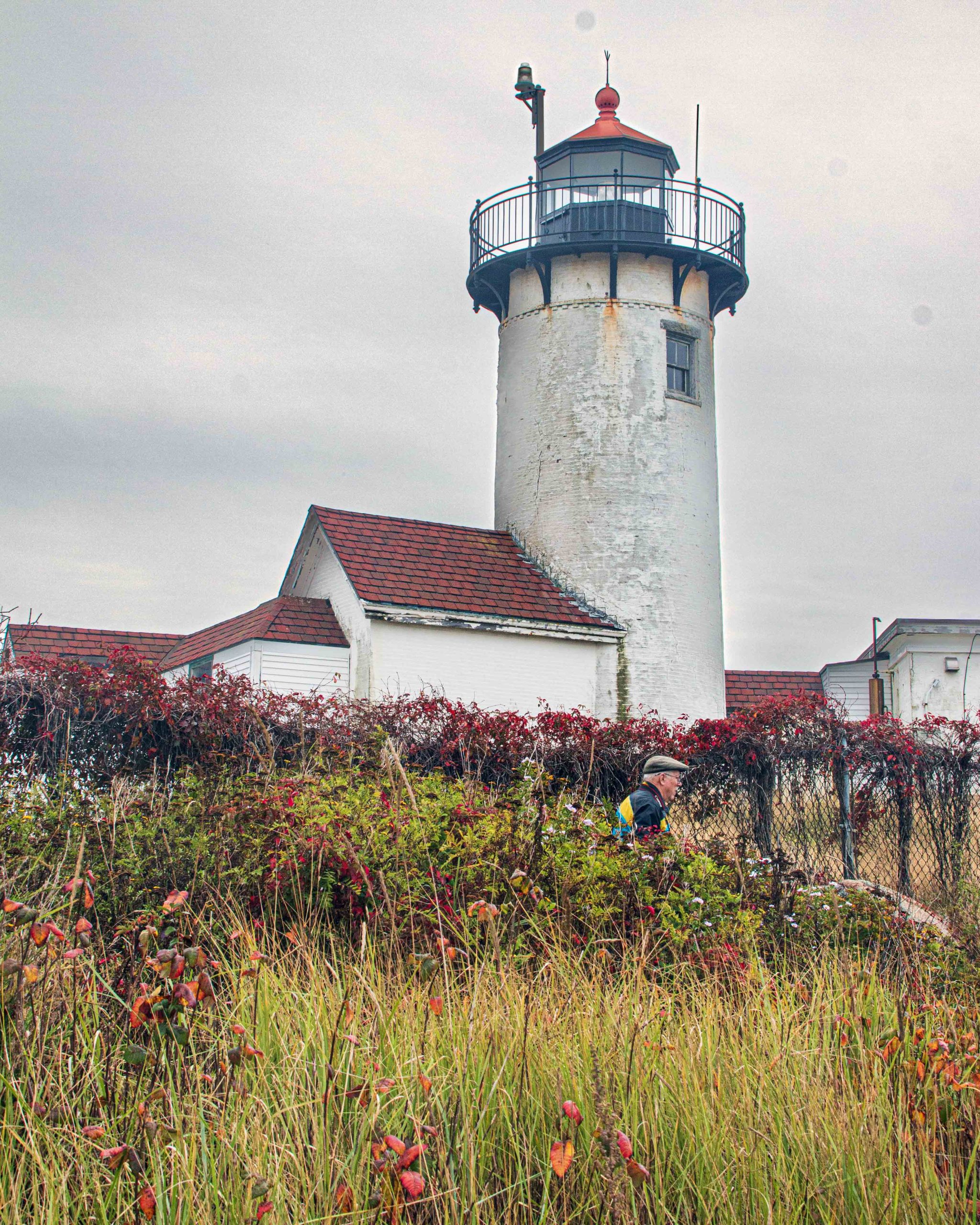Eastern Point Lighthouse in Gloucester, Massachusetts, surrounded by lush, autumnal vegetation