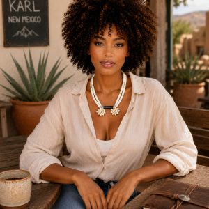 Felicia, a light-skinned African American woman with a natural afro hairstyle, seated at a rustic outdoor café in Karl, New Mexico wearing the Carved Bone Necklace in a warm Southwestern lifestyle portrait.