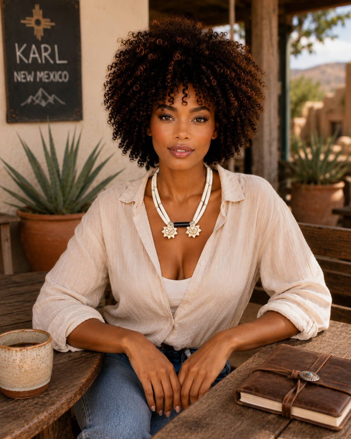 Felicia, a light-skinned African American woman with a natural afro hairstyle, seated at a rustic outdoor café in Karl, New Mexico wearing the Carved Bone Necklace in a warm Southwestern lifestyle portrait.