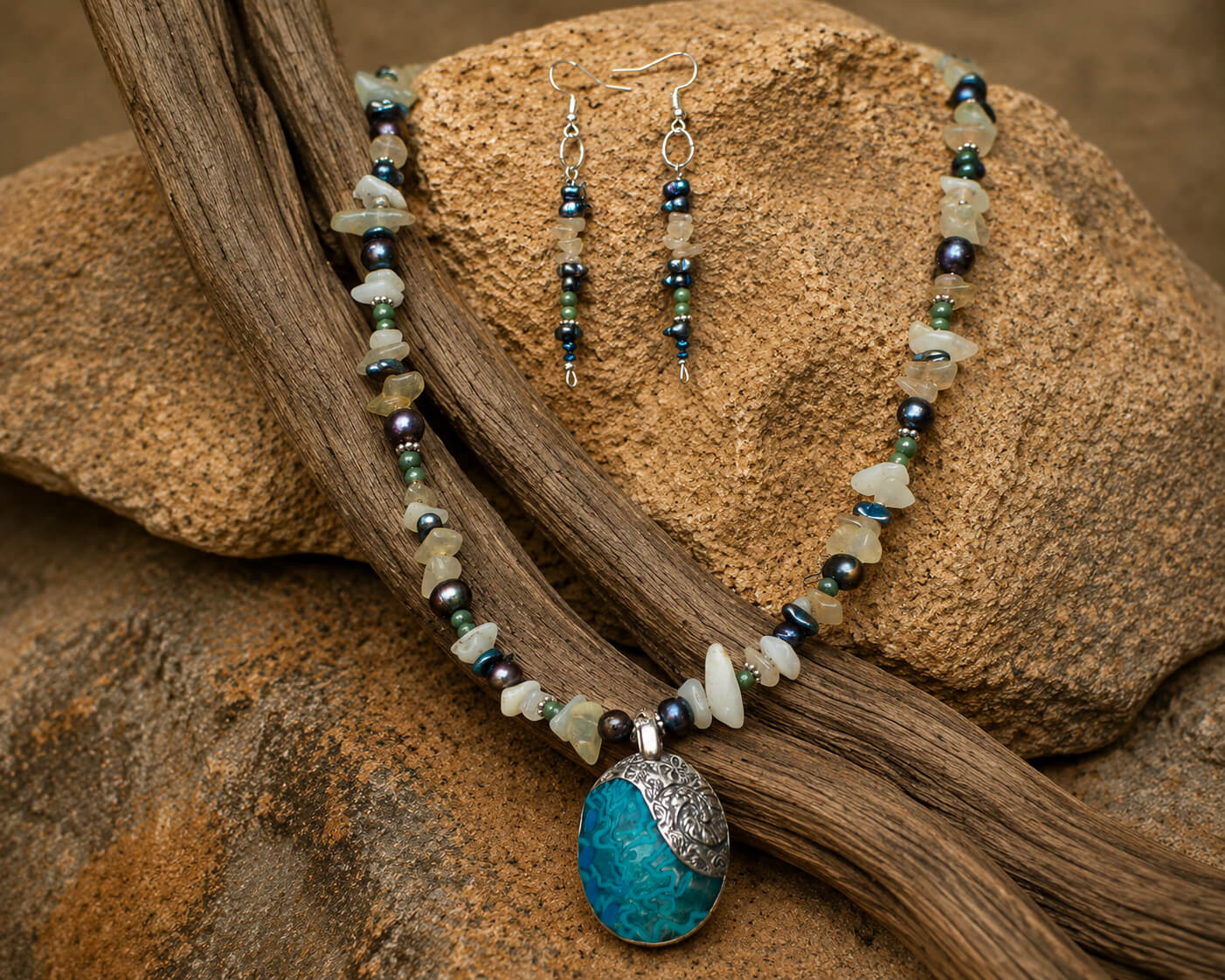 Handcrafted Glass n Metal w Agate n Quartz necklace and matching earrings styled on natural desert stone with weathered driftwood in a Southwestern luxury jewelry portrait.