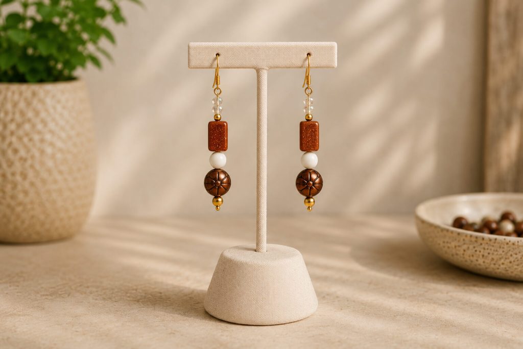 Handcrafted Pony Jasper and Goldstone earrings displayed on a linen T-bar jewelry stand with warm natural lighting and curated artisan styling by Sandy Hitz.