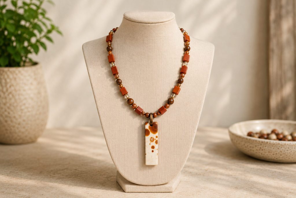 Handcrafted Pony Jasper and Goldstone earrings displayed on a linen T-bar jewelry stand with warm natural lighting and curated artisan styling by Sandy Hitz.