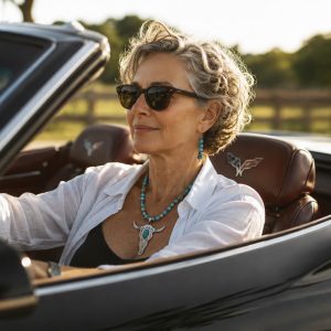 Woman wearing handcrafted turquoise longhorn necklace and matching earrings while driving a vintage convertible at golden hour, featuring Southwestern artisan jewelry by Sandy Hitz.